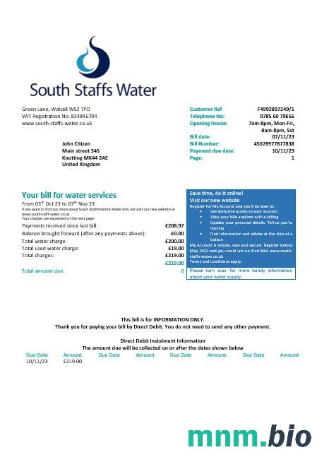 Wielka Brytania South Staffs Water woda rachunek za media formaty Word i PDF, Wersja 2
